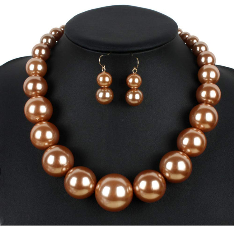 [Australia] - HSQYJ Simple Large Big Simulated Pearl Statement Necklace Earring Set Faux Big Pearl Choker Drop Dangle Hook Earring Fashion Costume Jewelry for Girl Women Lady Brown 