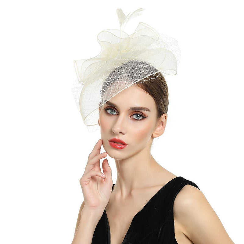 [Australia] - Women Fascinators Hats Kentucky Derby Pillbox Hat Cocktail Tea Party Hair Clip Headwear with Veil for Girls H5-beige 