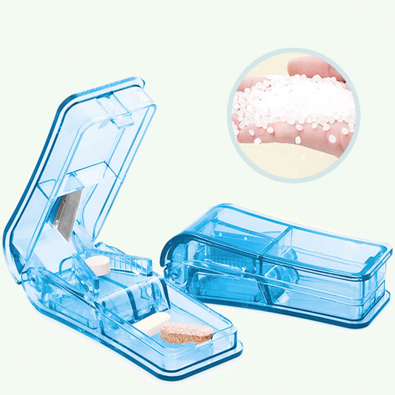 [Australia] - Pill Cutter, Portable Tablet Cutter with Blade and Storage Compartment 2-in-1 Pill Splitter Pill Case Half Quarter for Small or Large Pills Transparent Blue 