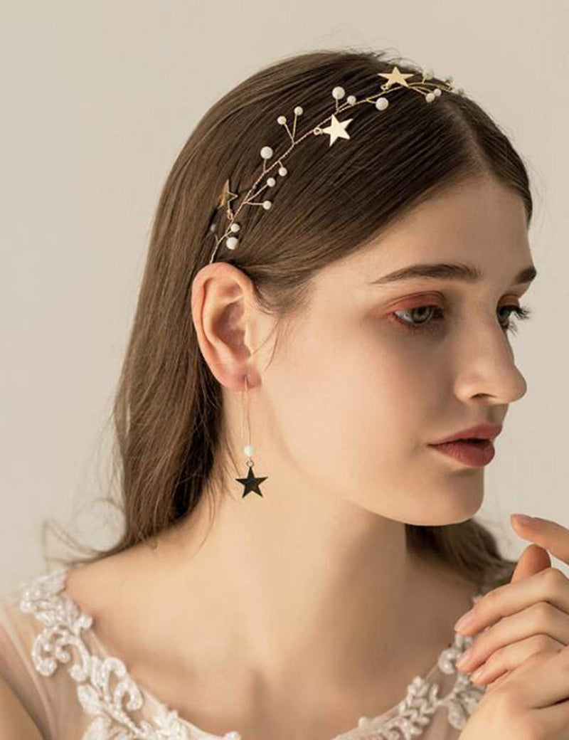 [Australia] - BERYUAN Sequins Pearl Star Headband Earrings Set Gold Wedding Hair Accessories Tassel Star Pendant Jewelry for Her Gift for Women Girls (Gold) 