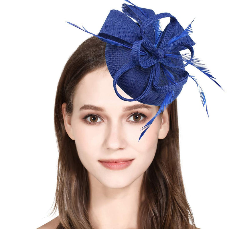 [Australia] - Fascinators Tea Party Hats for Women, Hat Flower Mesh Ribbons Feathers on a Headband and a Clip Headwear for Girls and Women Black+navy 