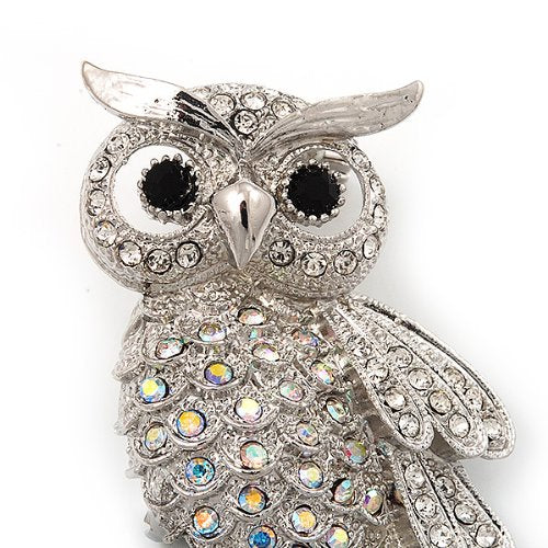 [Australia] - Avalaya Sparkling AB Crystal Owl Brooch (Silver Tone Metal) - 50mm L 