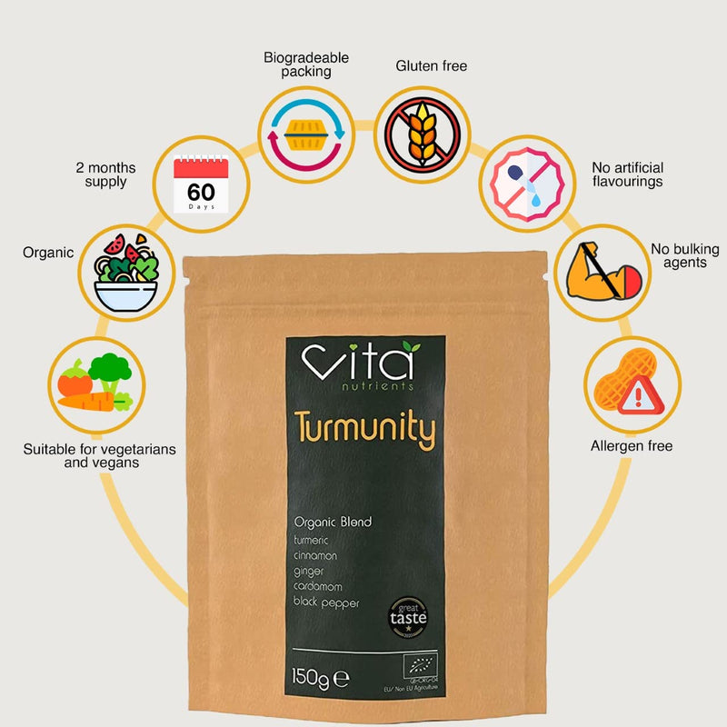 [Australia] - Turmunity Superfood Powder Blend 150g - Premium Organic Food - Vegan & Gluten Free - Rich Ayurveda, Turmeric, Black Pepper and More Formula - Ideal Latte Mix - Made in The UK 