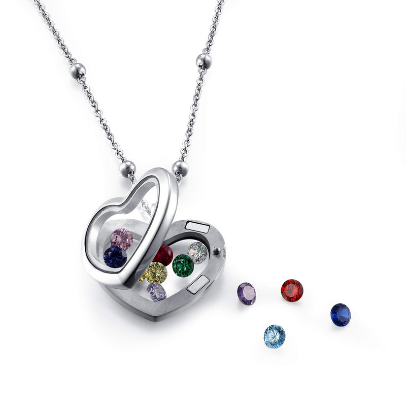 [Australia] - CF100 Birthstone Locket Necklaces, 12 AAAAA+ Cubic Zirconia Birthstones 316L Stainless Steel Floating Charms Locket Necklaces with Chains in Gift Box Silver Heart-shaped 