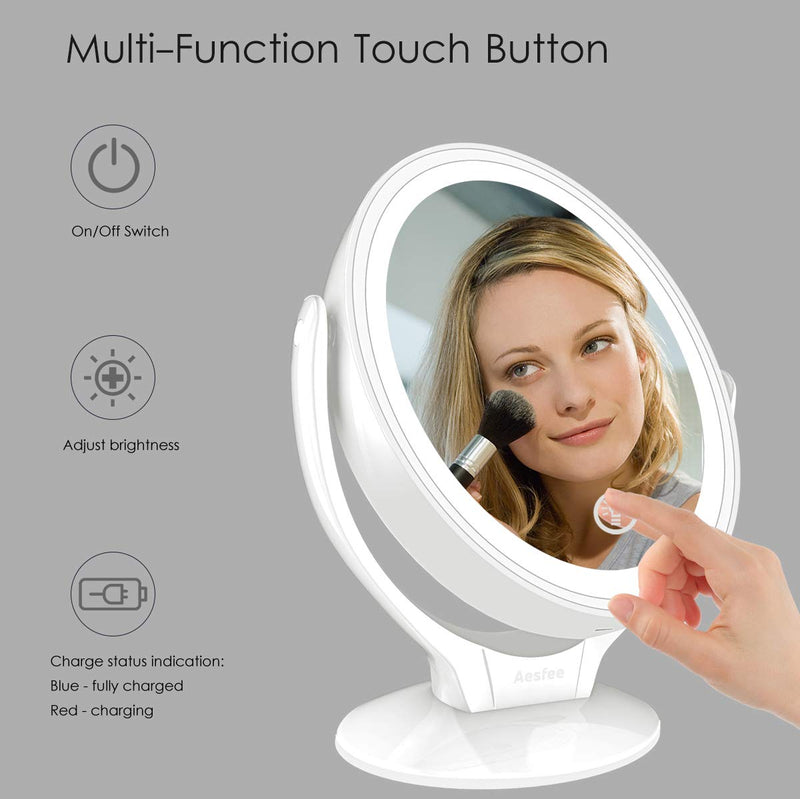 [Australia] - Aesfee LED Lighted Makeup Vanity Mirror Rechargeable,1x/7x Magnification Double Sided 360 Degree Swivel Magnifying Mirror with Dimmable Touch Screen, Portable Tabletop Illuminated Mirrors - White 