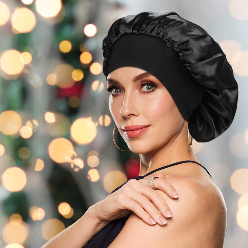 [Australia] - 2 Pieces Wide Band Satin Cap Sleep Bonnet Soft Night Sleep Hat for Women Black+Wine red 