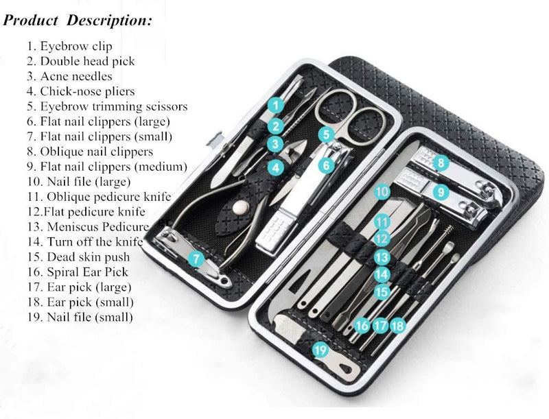 [Australia] - Queta Manicure Set 19 PCS Professional Nail Clippers Kit Pedicure Care Tools-Stainless Steel Grooming Tools With PU Leather Case for Travel & Home 