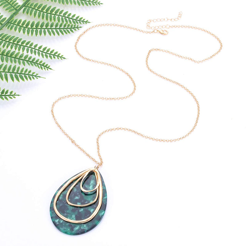 [Australia] - MOLOCH Long Necklace for Women Girls Geometry Teardrop Acrylic Circle Pendant Necklace Statement Boho Acetate Resin Necklace Minimalist Gift Dark green 