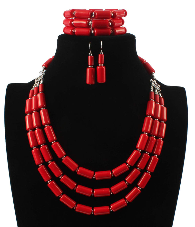 [Australia] - Ufraky Fashion Handmade Bead Multilayer Statement Necklace Bracelet Earrings Jewelry Set Red 