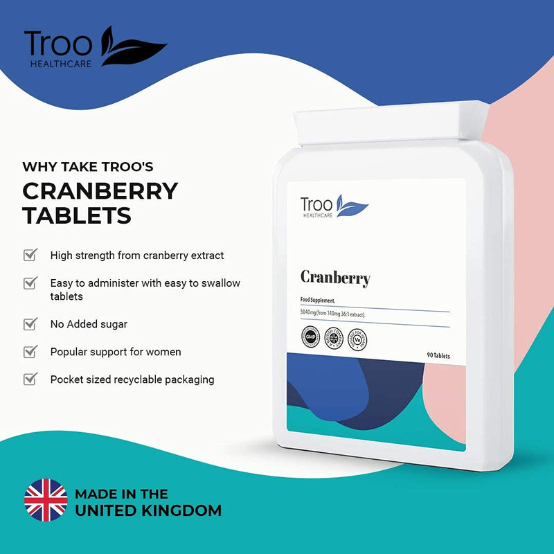 [Australia] - Cranberry Supplement 5040 mg 90 Vegan Tablets - One Easy Swallow Tablet Per Day - High Strength Extract from Vaccinium Macrocarpon Cranberries - Suitable for Men and Women - 3 Month Supply - UK Made 