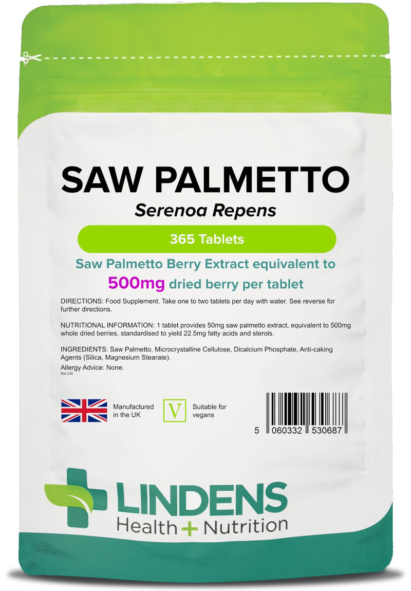 [Australia] - Lindens Saw Palmetto 500mg Tablets - 365 Pack - Standardised to Provide 22.5mg Fatty Acids & Sterols, Popular Supplement for Middle Aged Men - UK Manufacturer, Letterbox Friendly 