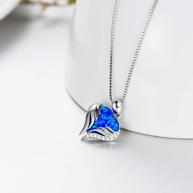 [Australia] - SOULMEET Angel Wings Heart Necklace with Simulated Opal&Cubiz Zirconia for Women Girls Sterling Silver Jewelry Christmas Gifts Birthday 