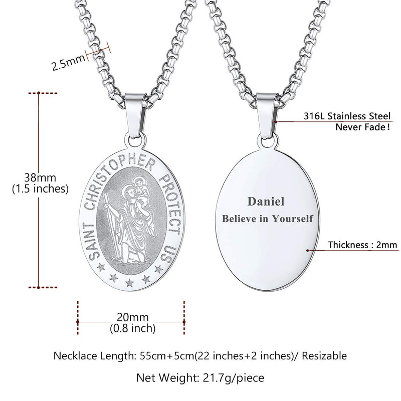 [Australia] - Men Women Personalized St. Michael Saint Christopher Necklace Stainless Steel/18K Gold Plated Round/Oval/Shield Patron Saint Biblical Archangel Pendant Necklaces with 22" Square Box Chain,Gift Packed Stainless-Oval St. Christopher no personalized engrave 