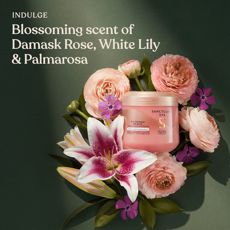 [Australia] - Sanctuary Spa Lily and Rose Salt Body Scrub, Exfoliating Pink Himalayan Salt with Vitamin E and Almond Oil, Vegan and Cruelty Free, 300g New Version 