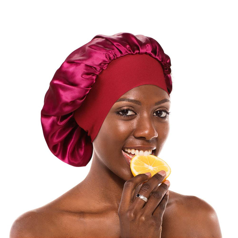 [Australia] - 2 Pieces Wide Band Satin Cap Sleep Bonnet Soft Night Sleep Hat for Women Black+Wine red 