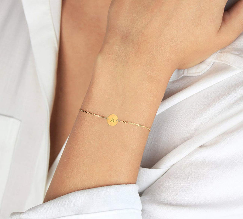 [Australia] - Glimmerst Personalized Initial Bracelet, 18K Gold Plated Stainless Steel Letter Bracelet Dainty Coin Charm Bracelet Delicate Disc Name Bracelet for Women Girls A 