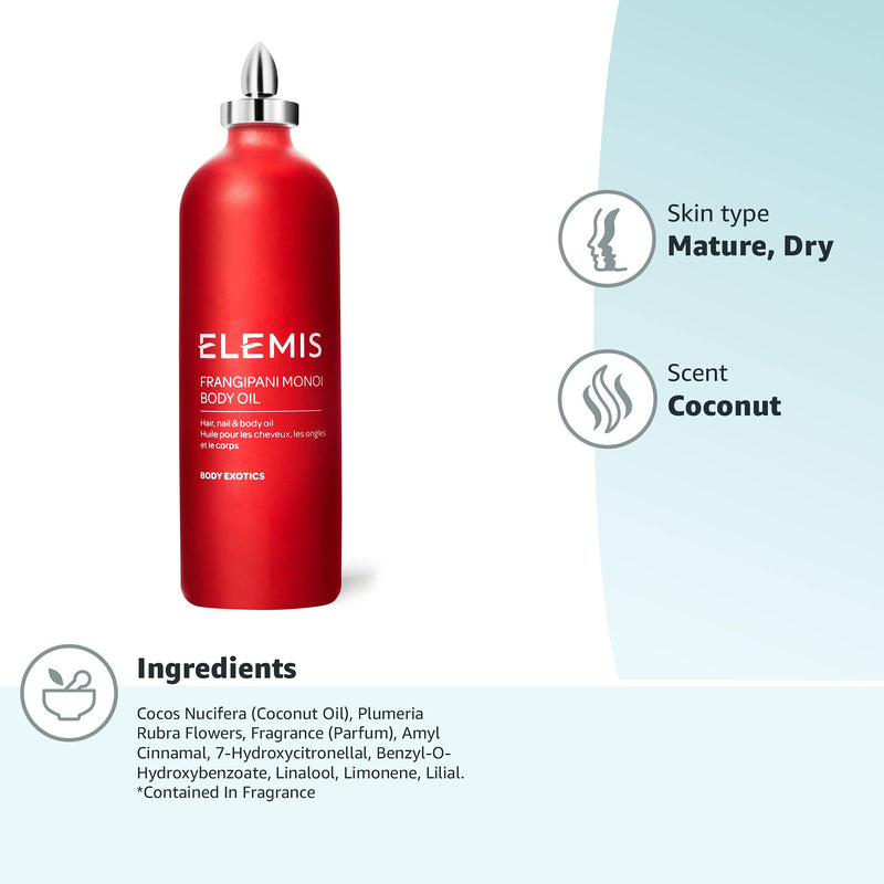 [Australia] - ELEMIS Frangipani Monoi Body Oil | Luxurious, Ultra-Hydrating Body Oil Deeply Nourishes, Conditions, and Softens Hair, Skin, and Nails | 100 mL 3.3 Fl Oz (Pack of 1) 