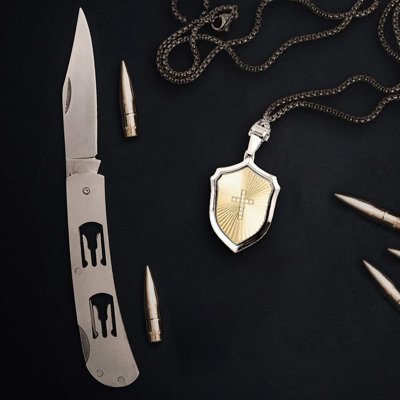 [Australia] - BUVE Cross Armor Shield 14K Gold Zircon Match Pendant Necklace With A Polished Silver CZ Cross Inlay Comes With A Stainless Steel 26 IN Rolo chain 