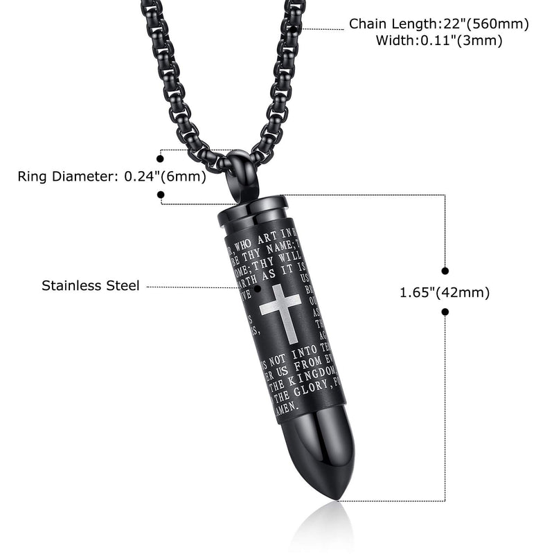 [Australia] - MONIYA Stainless Steel Bullet Pendant Urn Ashes Necklace Cross Lords Prayer in English, 22inch Box Chain Black Tone 