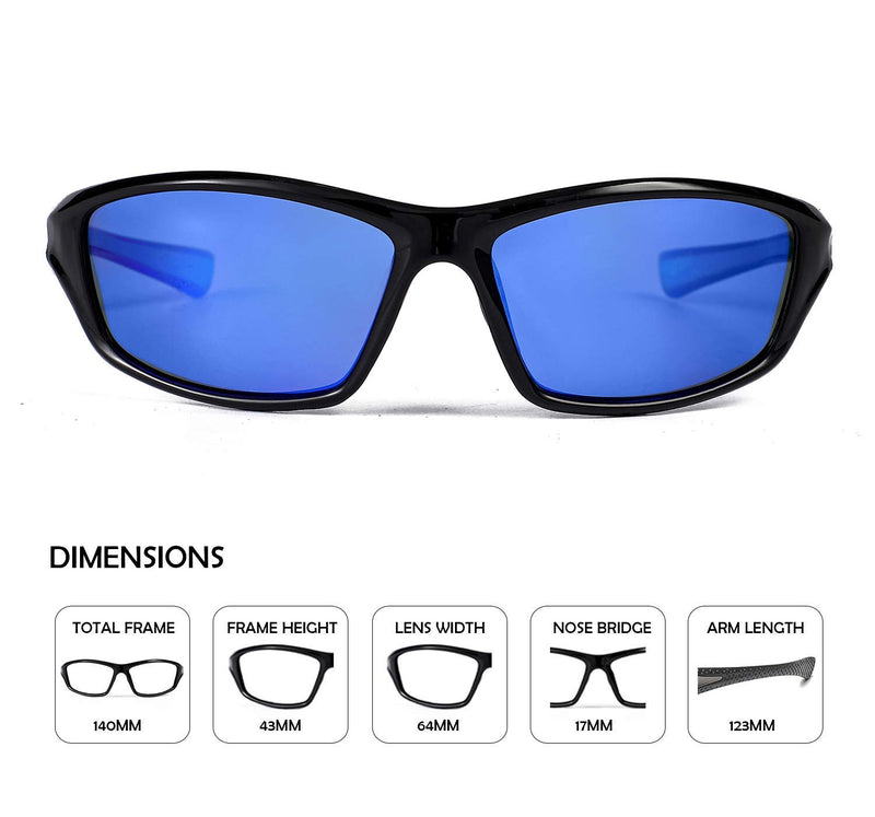[Australia] - Polarized Sports Sunglasses for Men Women Cycling Driving Fishing Running 100% UV Protection Black/Blue Mirror 64 Millimeters 