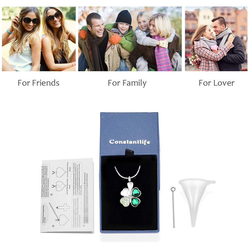 [Australia] - constantlife Cremation Jewelry Memorial Urn Necklace for Ashes Lucky Four-Leaf Clover Design Stainless Steel Pendant Keepsake Silver+Dark Green 