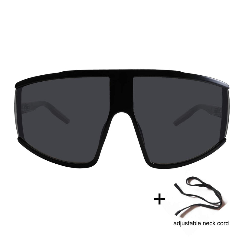 [Australia] - FEISEDY Shield Wraparound Sport Glasses Cycling, Neck Cord, Women Men B9024 Bright Black/Grey Lens 73 Millimeters 