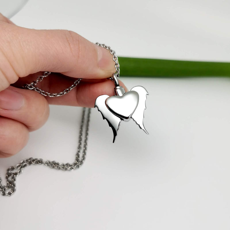 [Australia] - QeenseKc Heart Urn Necklace for Human Pet Ashes Movable Angel Wings Cremation Keepsake Memorial Pendant Jewelry Grandma 