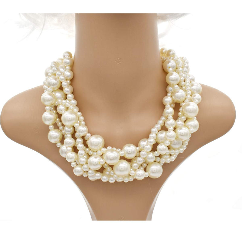 [Australia] - JNF Large Pearl Necklace Set Multi Layer Pearl Strand Costume Jewelry Sets Pearl Statement Necklace Bracelet and Earrings for Women White 