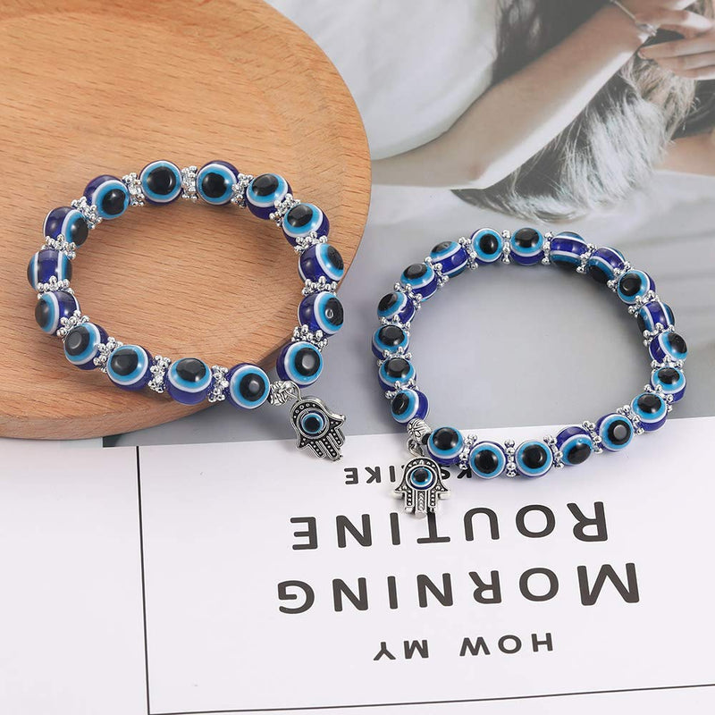[Australia] - SUMMER LOVE Evil Eye Hamsa Blue Beaded Charm Stretch Bracelet Hand of Fatima Turkish Evil Eye Lucky Bracelet for Protection and Blessing 10mm evil eye 