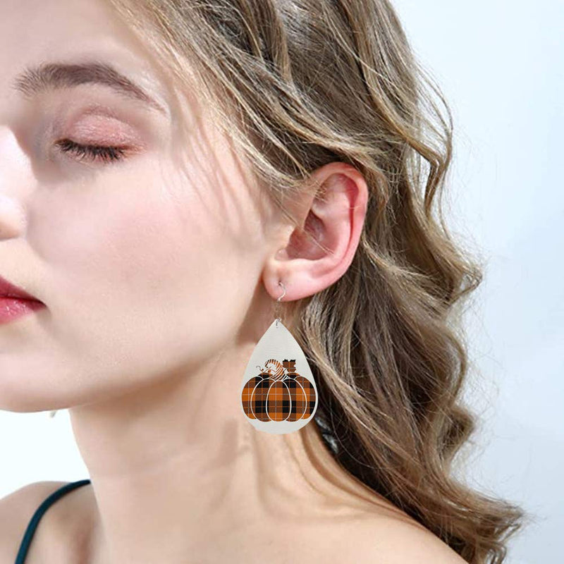 [Australia] - fzbali Fall Faux Leather Teardrop Earrings Plaid Pumpkin Sunflower Maple Leaves Acorn Autumn Jewelry Thanksgiving Accessory for Women 