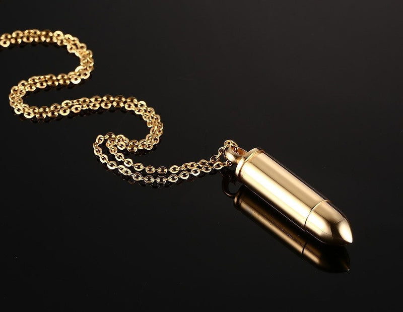 [Australia] - Stainless Steel Polished Bullet Urn Pendant Necklace Memorial Ash Keepsake Cremation Jewelry gold 