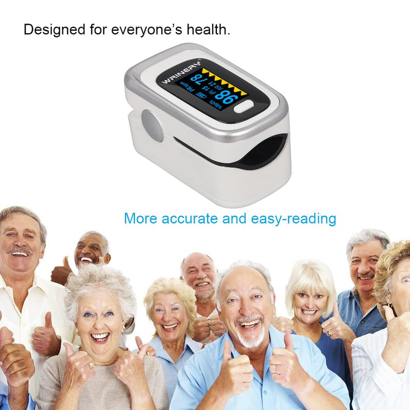 [Australia] - WRINERY Oxygen Saturation Monitor, Pulse Oximeter Fingertip, Oxygen Monitor, O2 Saturation Monitor, OLED Portable Oximetry with Batteries, Lanyard (Silver-White) 