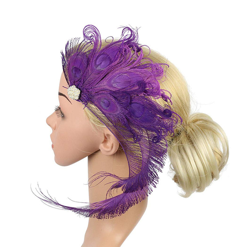 [Australia] - Fxaelian 20s Peacocok Feather Fascinator Clips Headpiece Headband Flapper Hair Clips Kentucky Gatsby Tea Party Wedding Derby Performance for Women Purple 