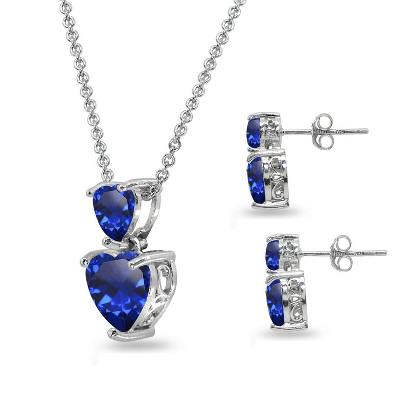 [Australia] - Sterling Silver Genuine, Created or Simulated Gemstone Double Heart Friendship Necklace & Stud Earrings Set Created Blue Sapphire 