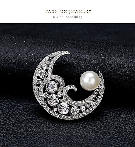 [Australia] - Dwcly Sparkling Crystal Cresent Moon Big Freshwater Pearl Brooch Pin Wedding Party Banquet Jewelry 