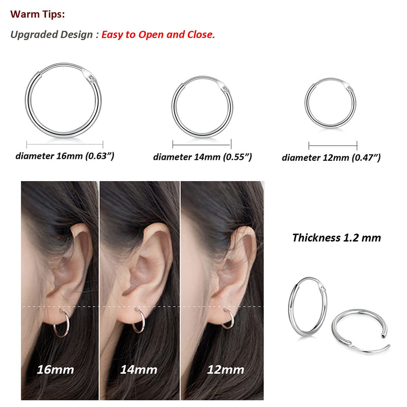 [Australia] - wynn's Silver Hoop Earrings Set, 3 Pairs 925 Sterling Silver Cartilage Small Endless Hoop Earrings Set, Hypoallergenic Silver Huggie Hoop Sleeper Earrings Nose Lip Rings for Women Men, 10, 12, 14, 16mm Silver - (12/14/16mm) 