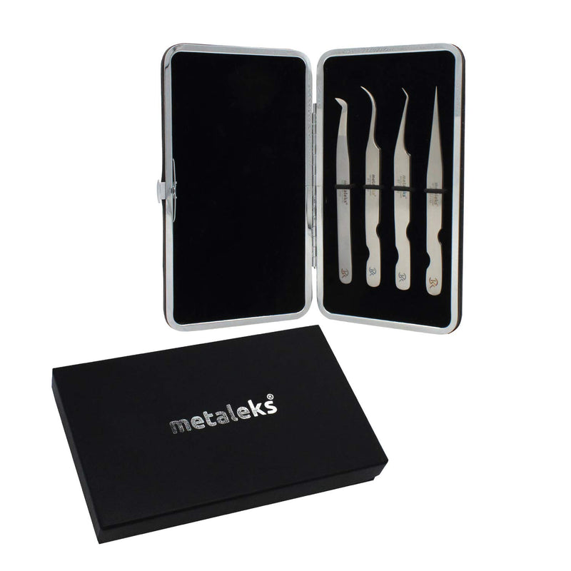 [Australia] - Metaleks 4Pcs Eyelash Extension Tweezers In Japanese Stainless Steel Soft in Use Light In Weight With Elastic Kit (12cm, Matt Finish) 12cm 