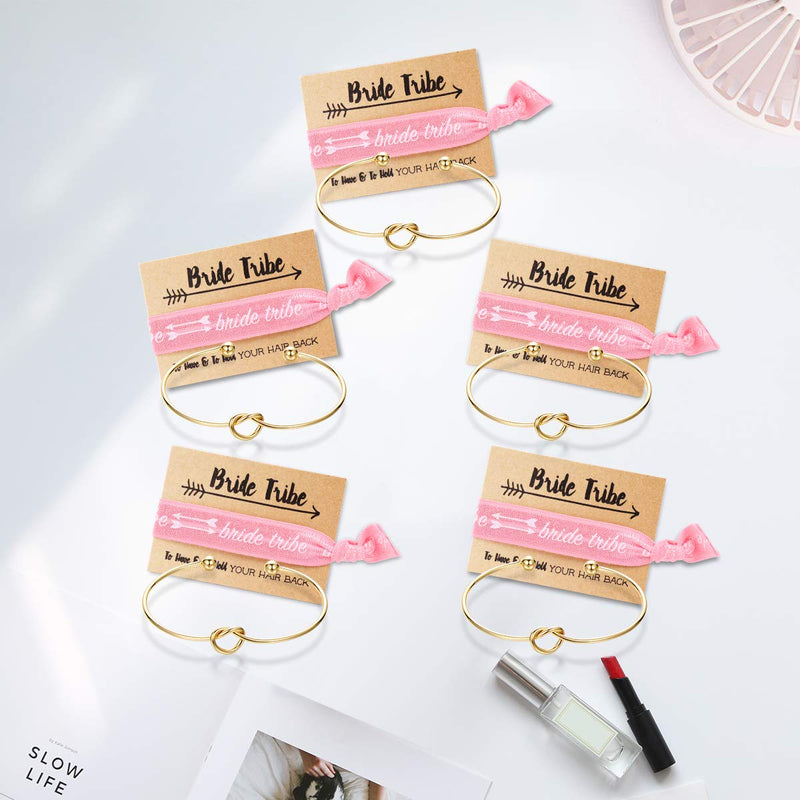 [Australia] - Bridesmaid bracelets-Ikooo 5 pcs Love Knot Open Bangle With Bride Tribe Hair tie for Best Friend, BFF of the Bride wedding Gift 5 Gold 