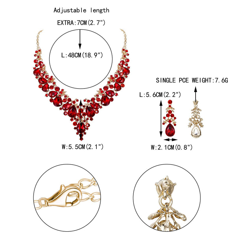 [Australia] - EVER FAITH Women's Crystal Elegant Bridal Floral Cluster Teardrop Statement Necklace Earrings Set Red Gold-Tone 