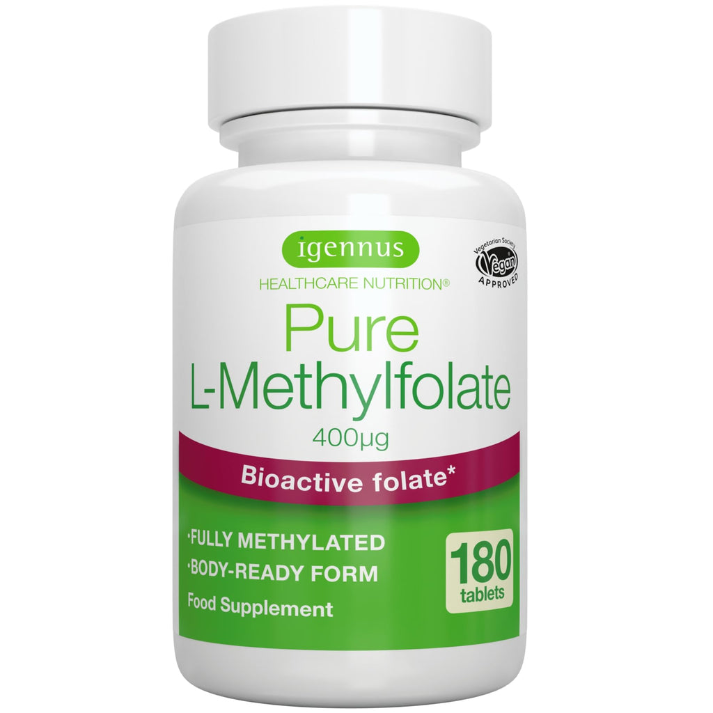 [Australia] - Pure Folate 400 mcg, 180 Small Tablets, Clean Ingredients & Vegan, Active Form of Folic Acid L-Methylfolate (Vitamin B9), Suitable for Pregnancy, One-a-Day, 180 Servings, by Igennus 