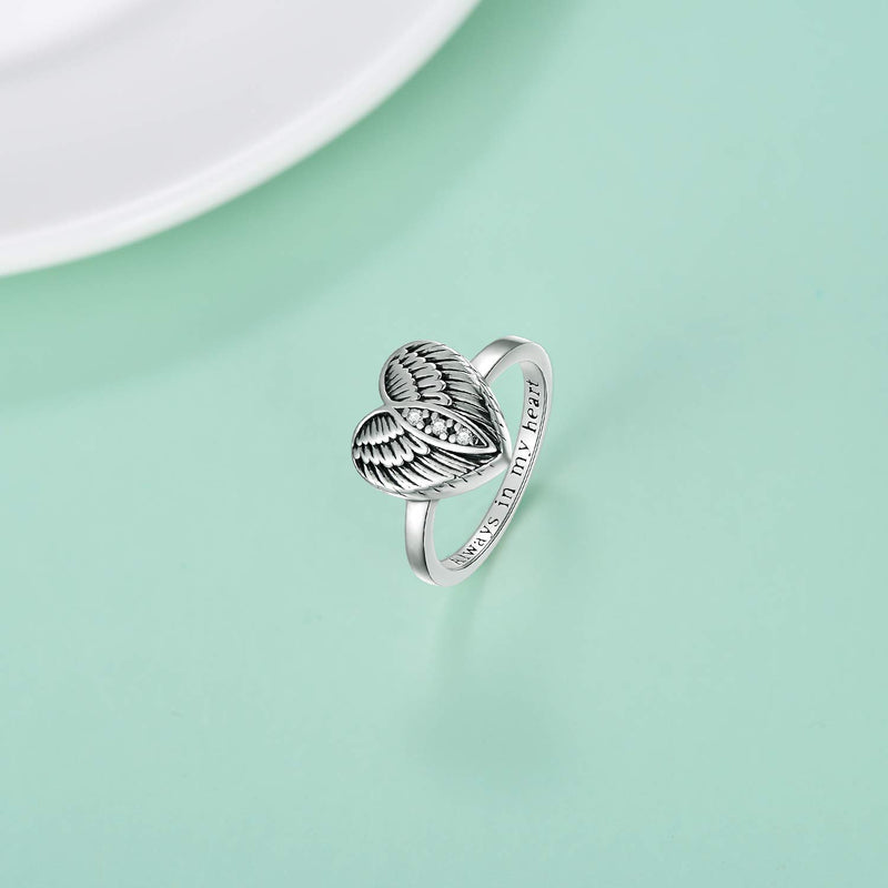 [Australia] - 925 Sterling Silver Angel Wing Heart Ring for Ashes Cremation Urn Ring for Women Men Family Friends Size 7 