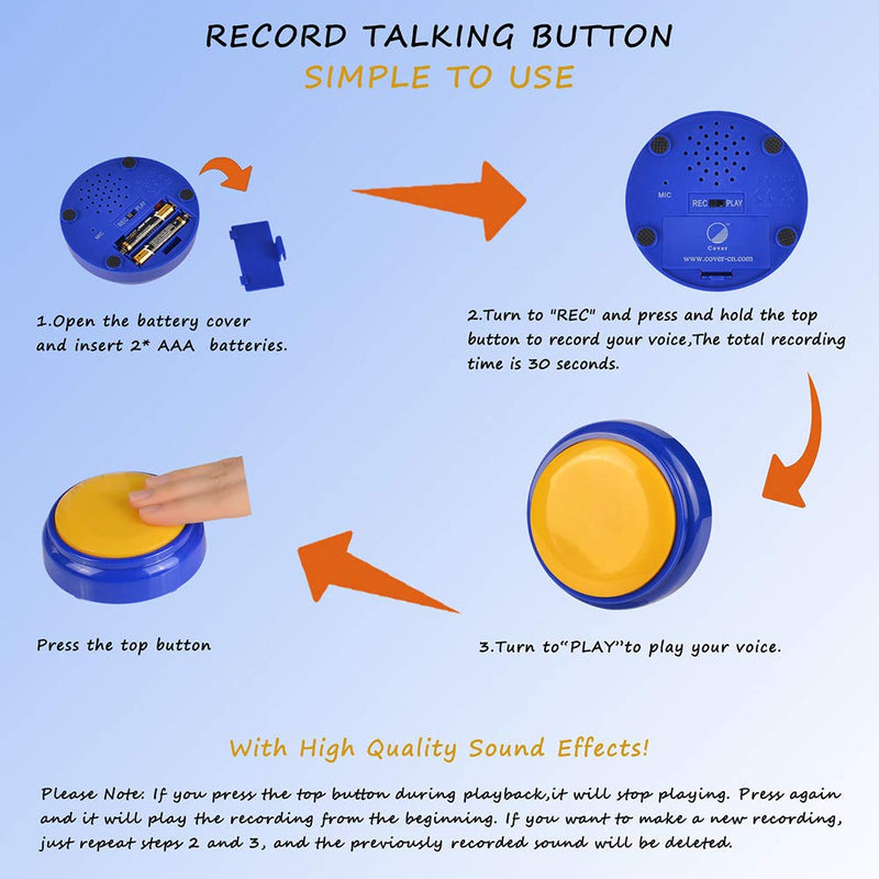 [Australia] - Cover Talking Button Record & Playback Your Own Message 30 Second Custom Recordable, Easy Sound Recorder Set of 2 (2pcs/Blue) 