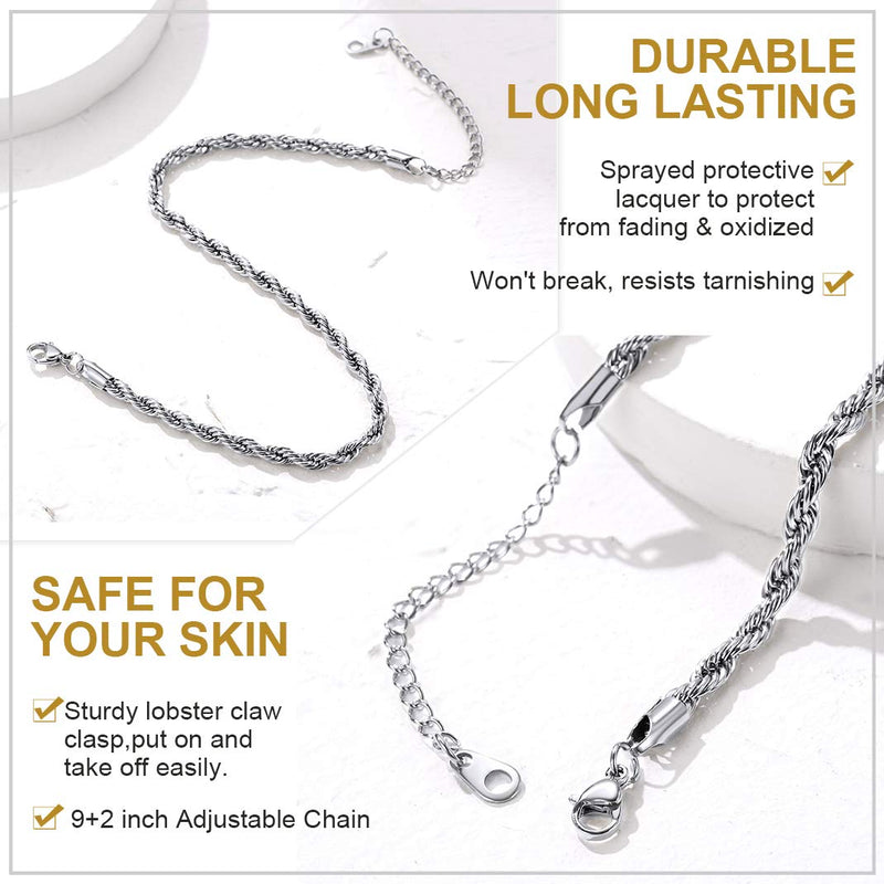 [Australia] - GoldChic Adjustbale Link Chain Anklet for Women Girls, 316L Stainless Steel Figaro/Wheat/Twist Rope/Cuban Foot Bracelet-Waterproof, Resizable 9"-12" (Gift Box Included) 04-Steel 