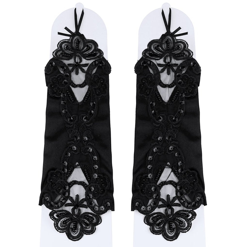 [Australia] - Flower Girls Gloves Pageant Satin Bowknot Wrist Long Lace Wedding Dress Gloves 5-12Yrs Fingerless Bead-black 