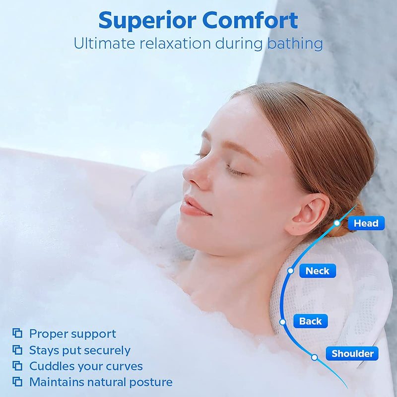 [Australia] - ADOV Bath Pillow, Non-Slip Comfortable Luxury Bathtub Pillow with 6 Suction Cups, Ergonomic 3D Air Mesh Headrest Cushion for Head, Shoulder, Neck and Back Support Relaxation Home Spa Hot Tub Jacuzzi 