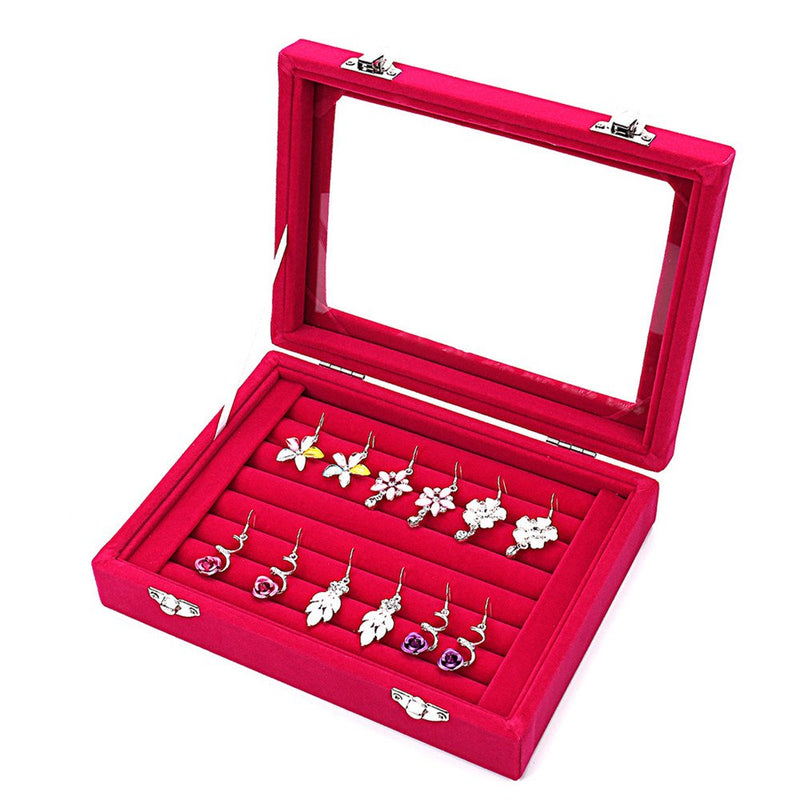 [Australia] - LANTWOO Velvet Glass Jewelry Display Storage Box Ring Earrings Jewelry Box Ring Holder Case, 2 Clasps Red 