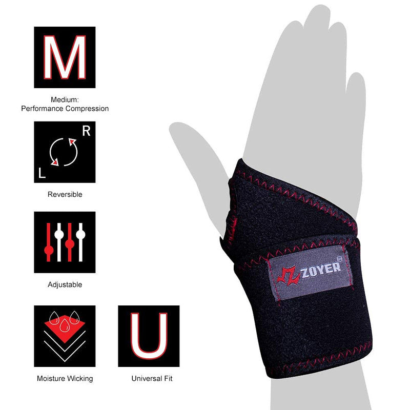 [Australia] - ZOYER USA Performance Wrist Wrap, Reversible Compression Support for Sprains, Carpal Tunnel Syndrome, Wrist Tendonitis, Pain Relief & Injury Recovery, 1 Count (Black) 
