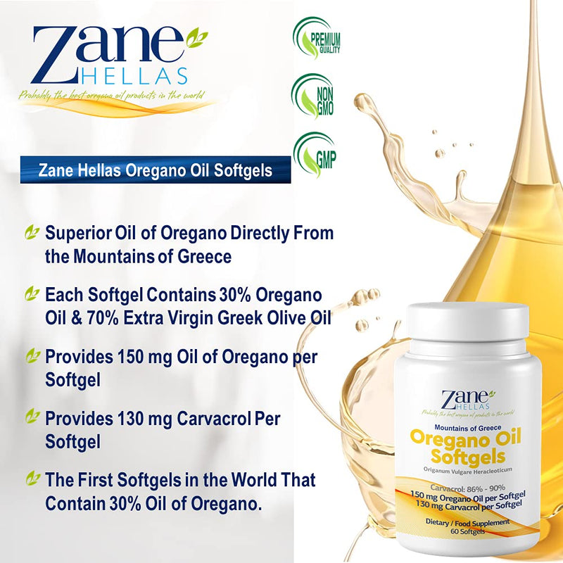 [Australia] - 130 mg Carvacrol - 150 mg Oregano Oil per Softgel. World Highest Concentration Oregano Oil Capsule. Zane Hellas Oregano Oil. Softgel Contains 30% Greek Essential Oil of Oregano. 120 Softgels. 