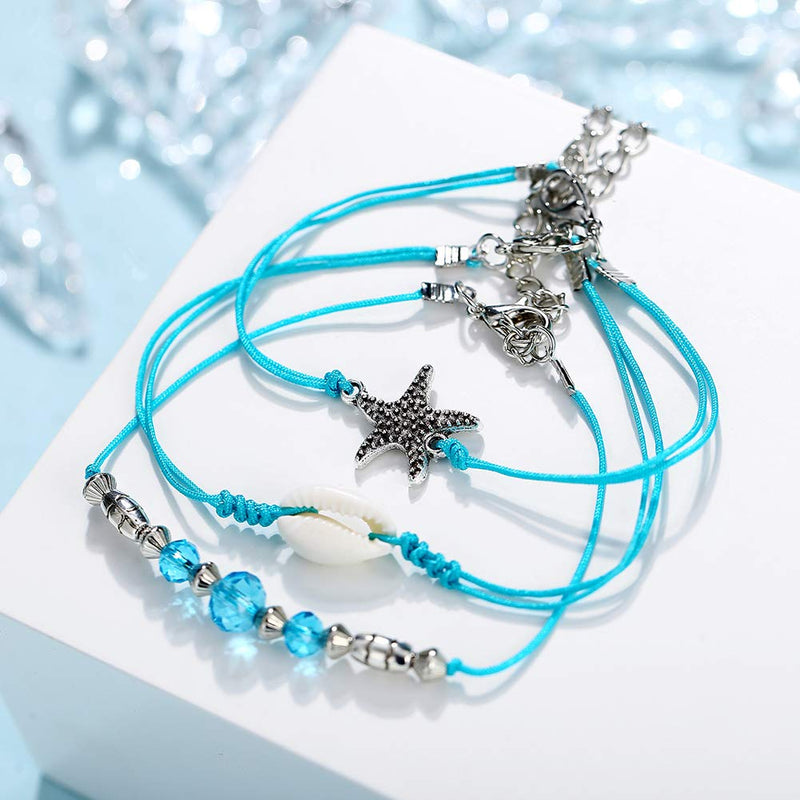 [Australia] - ZEKUI 3pcs Starfish Shell Simple Bracelet Blue Beads Beach Anklet Hand-knitted barefoot jewelry Accessories Men and women fashion Foot jewelry Bohemian 