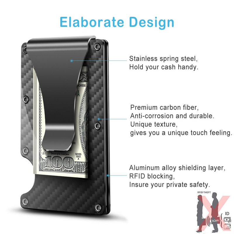 [Australia] - WeYingLe Carbon Fiber Slim Wallet Credit Card Holder RFID Blocking Anti Scan Metal Cash Clip 